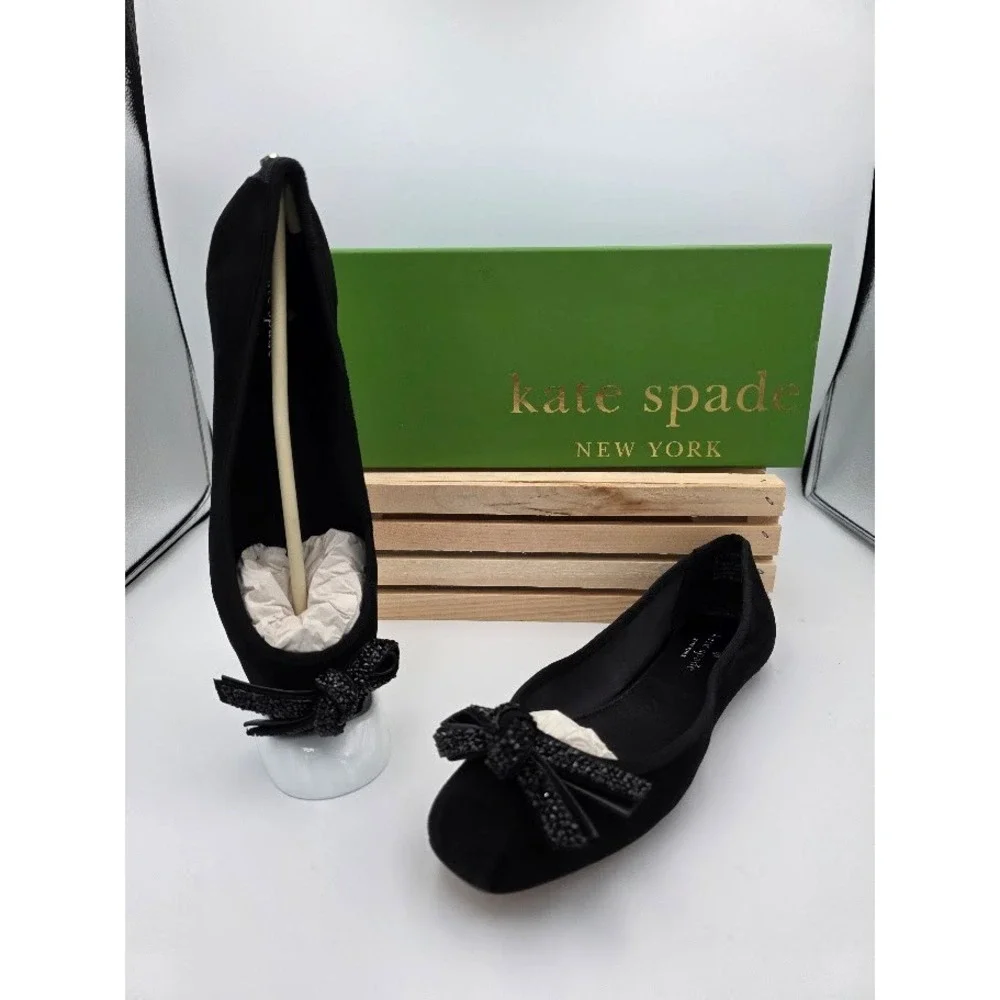 Kate Spade Freya‎ Ballet Flats Women 8 Black Suede Crystal Bow S080066 New Box